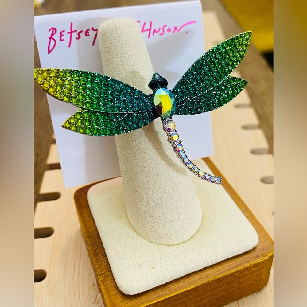 New Betsey Johnson Dragonfly Stretch Statement Ring with Crystals
